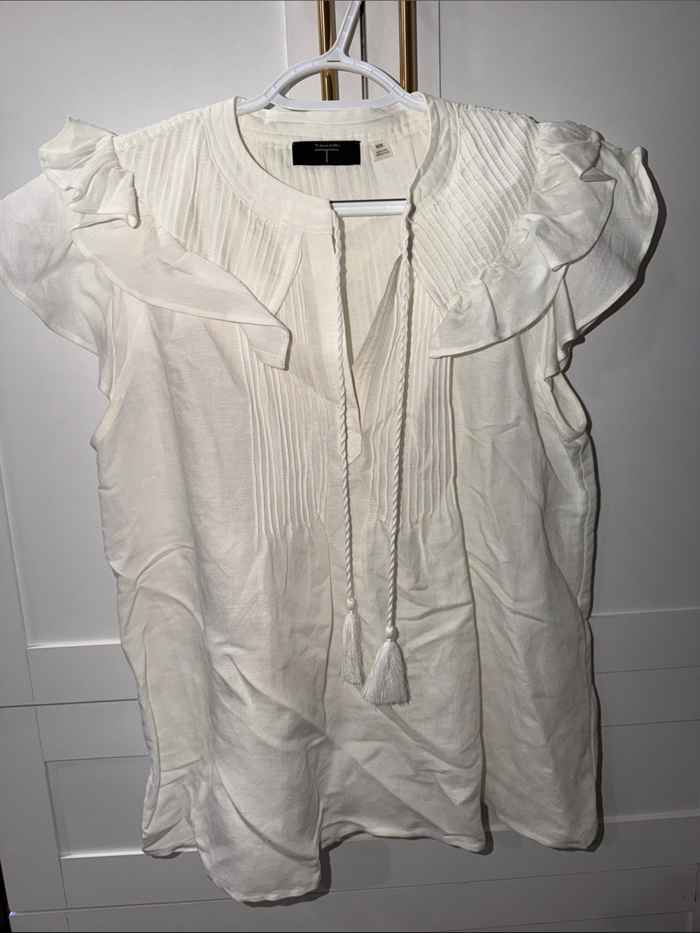 Tahari Ivory Ruffle Tie-Front Blouse